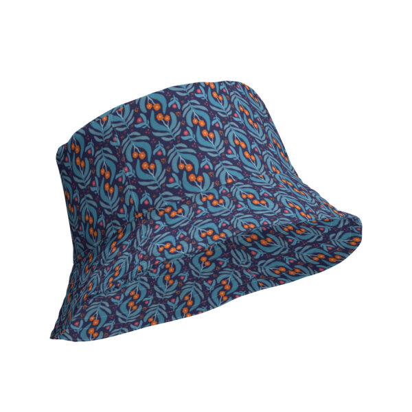 Elegant Blooming Flowers with Blue Leaves Patterns on Navy Blue Reversible bucket hat - Image 2